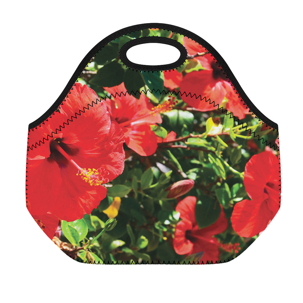 Red Hibiscus Flowers Print Neoprene Lunch Bag