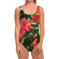 Red Hibiscus Flowers Print One Piece Swimsuit