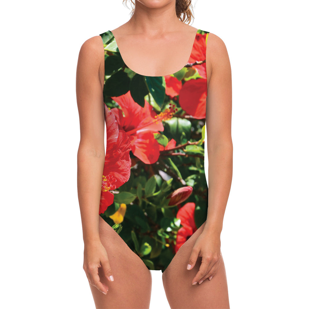 Red Hibiscus Flowers Print One Piece Swimsuit