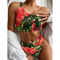 Red Hibiscus Flowers Print One Shoulder Bikini Set