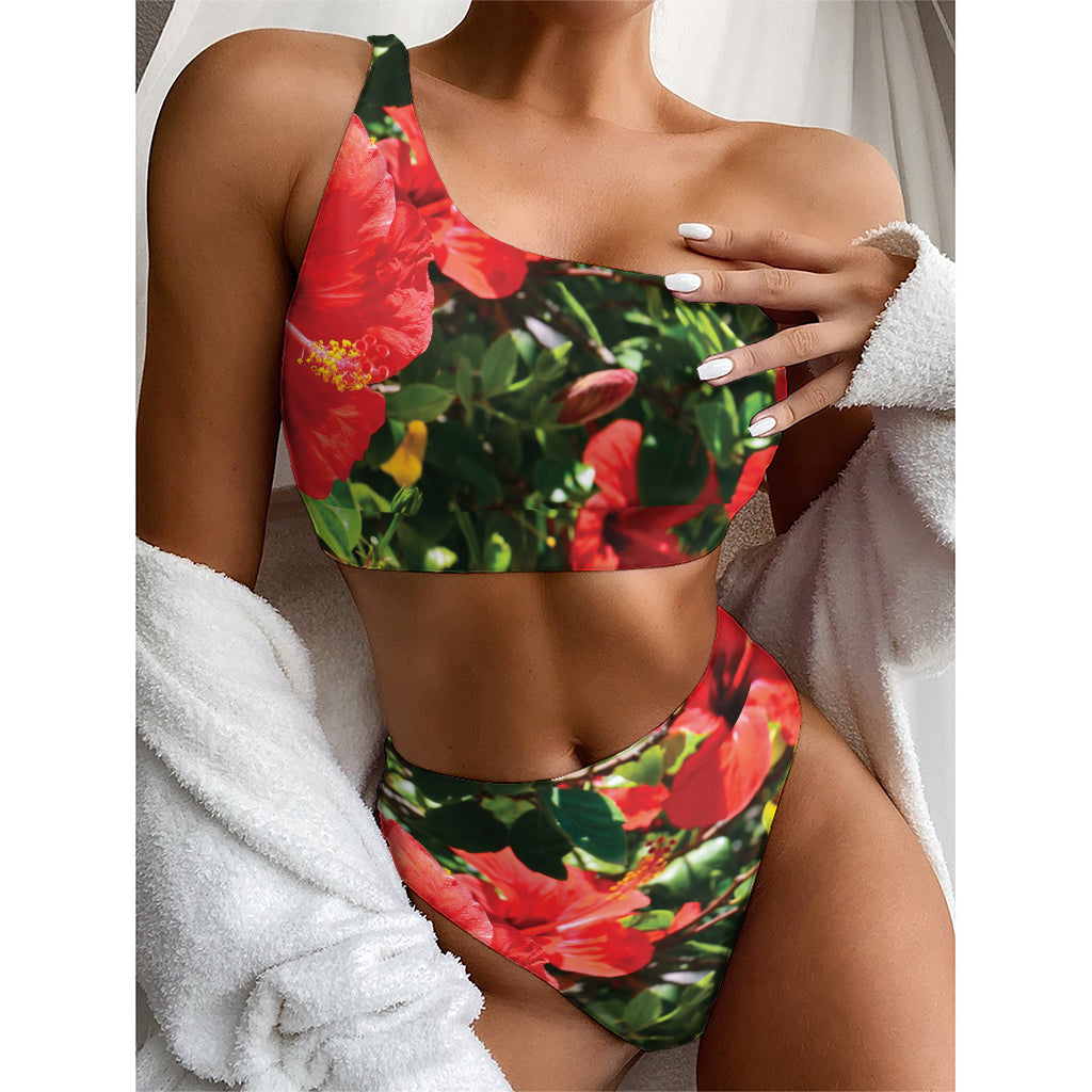 Red Hibiscus Flowers Print One Shoulder Bikini Top