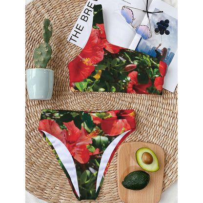 Red Hibiscus Flowers Print One Shoulder Bikini Top