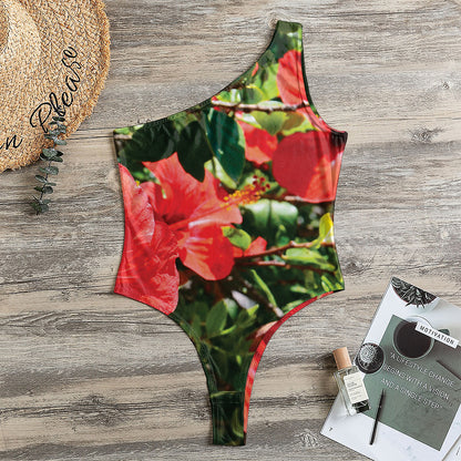 Red Hibiscus Flowers Print One Shoulder Bodysuit