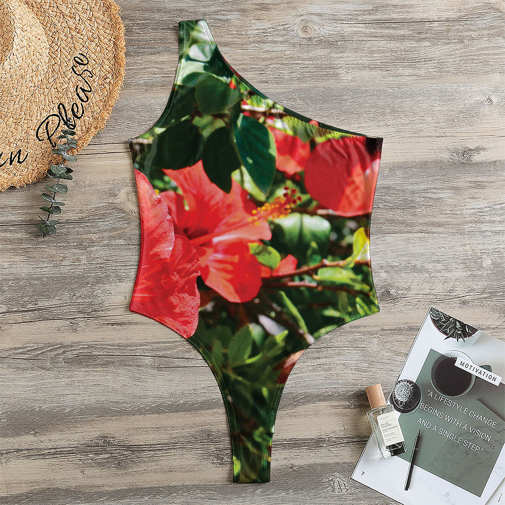 Red Hibiscus Flowers Print One Shoulder Bodysuit