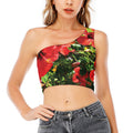 Red Hibiscus Flowers Print One Shoulder Crop Top
