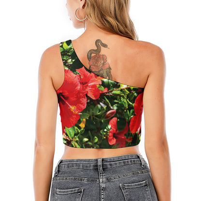 Red Hibiscus Flowers Print One Shoulder Crop Top