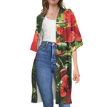 Red Hibiscus Flowers Print Open Front Beach Cover Up