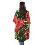 Red Hibiscus Flowers Print Open Front Beach Cover Up