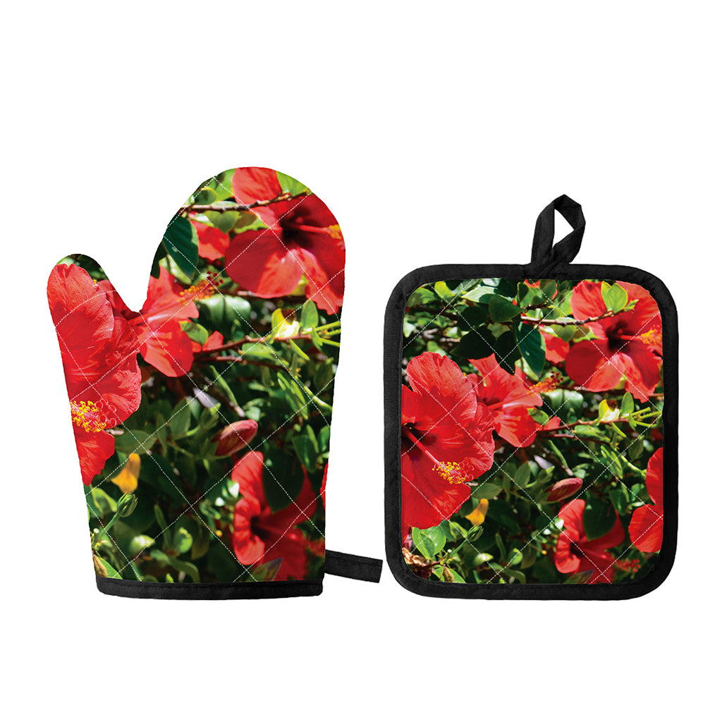 Red Hibiscus Flowers Print Oven Mitt And Pot Holder Set