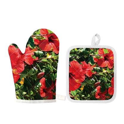 Red Hibiscus Flowers Print Oven Mitt And Pot Holder Set