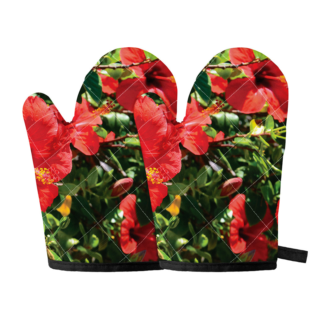 Red Hibiscus Flowers Print Oven Mitts