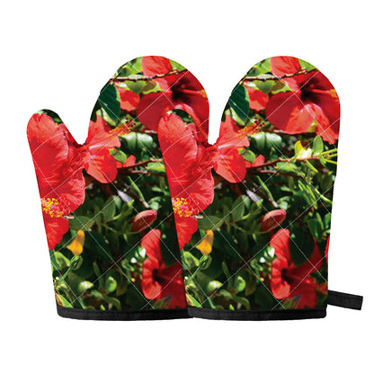 Red Hibiscus Flowers Print Oven Mitts