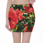 Red Hibiscus Flowers Print Pencil Mini Skirt