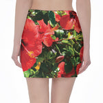 Red Hibiscus Flowers Print Pencil Mini Skirt
