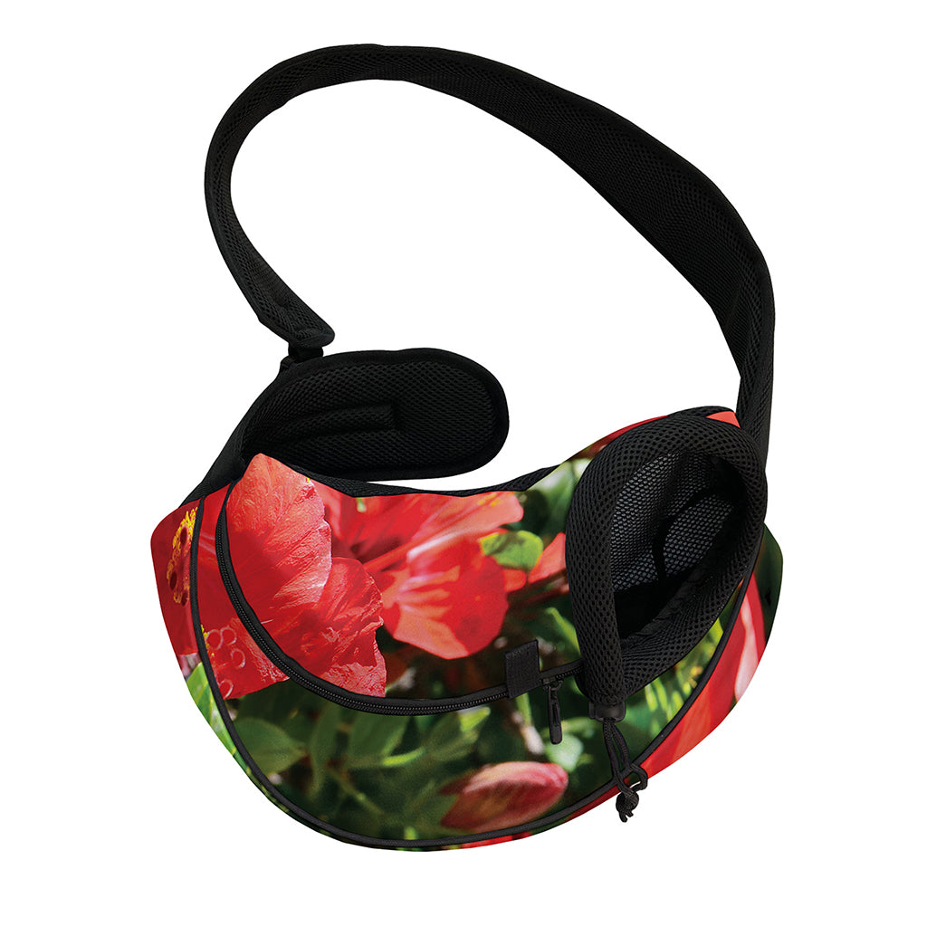 Red Hibiscus Flowers Print Pet Sling Carrier