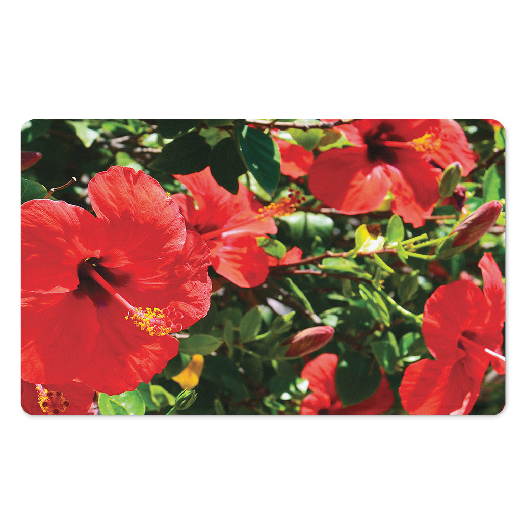 Red Hibiscus Flowers Print Polyester Doormat