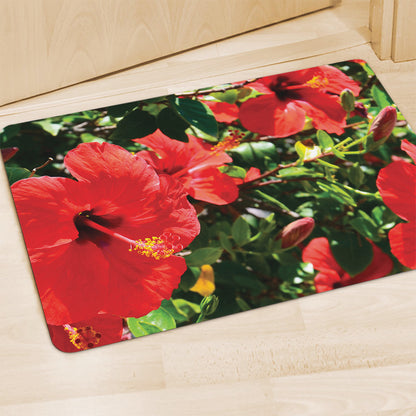 Red Hibiscus Flowers Print Polyester Doormat