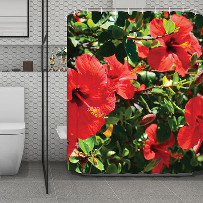 Red Hibiscus Flowers Print Polyester Shower Curtain