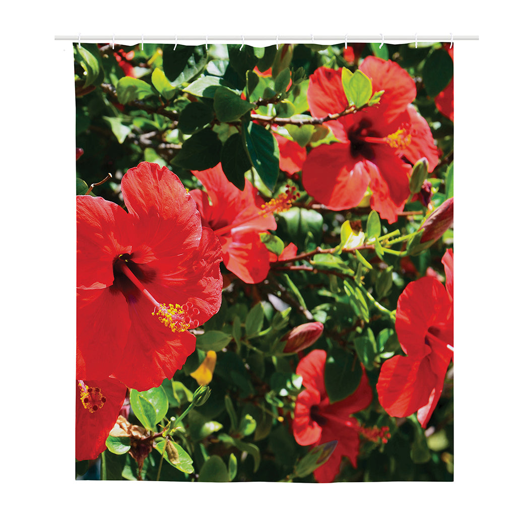 Red Hibiscus Flowers Print Polyester Shower Curtain