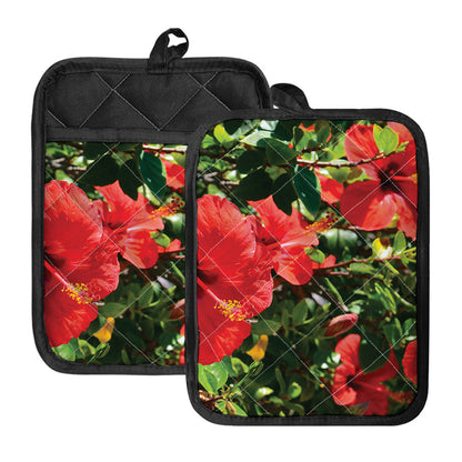 Red Hibiscus Flowers Print Pot Holders With Pocket