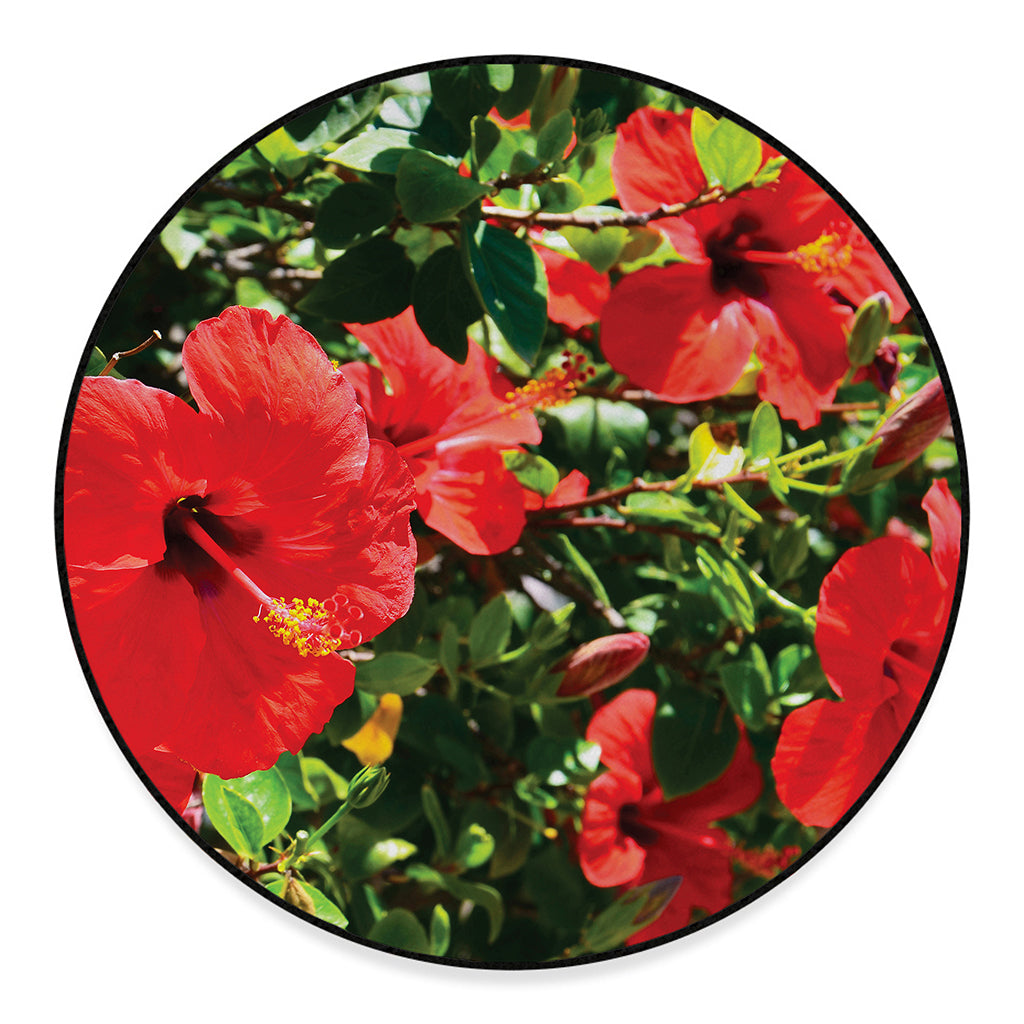 Red Hibiscus Flowers Print Round Floor Mat