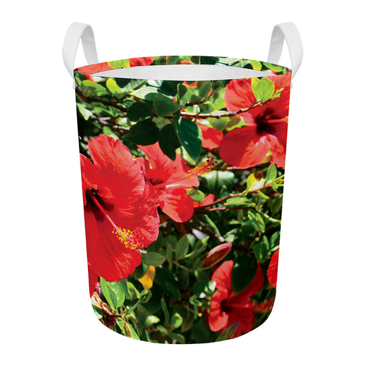 Red Hibiscus Flowers Print Round Laundry Basket