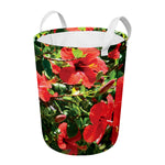 Red Hibiscus Flowers Print Round Laundry Basket