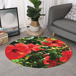 Red Hibiscus Flowers Print Round Rug