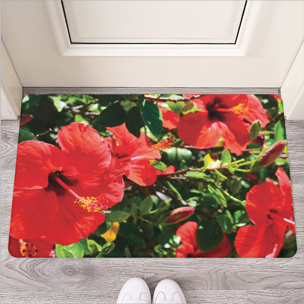 Red Hibiscus Flowers Print Rubber Doormat