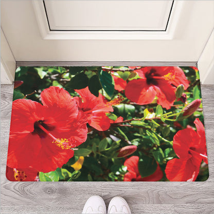 Red Hibiscus Flowers Print Rubber Doormat