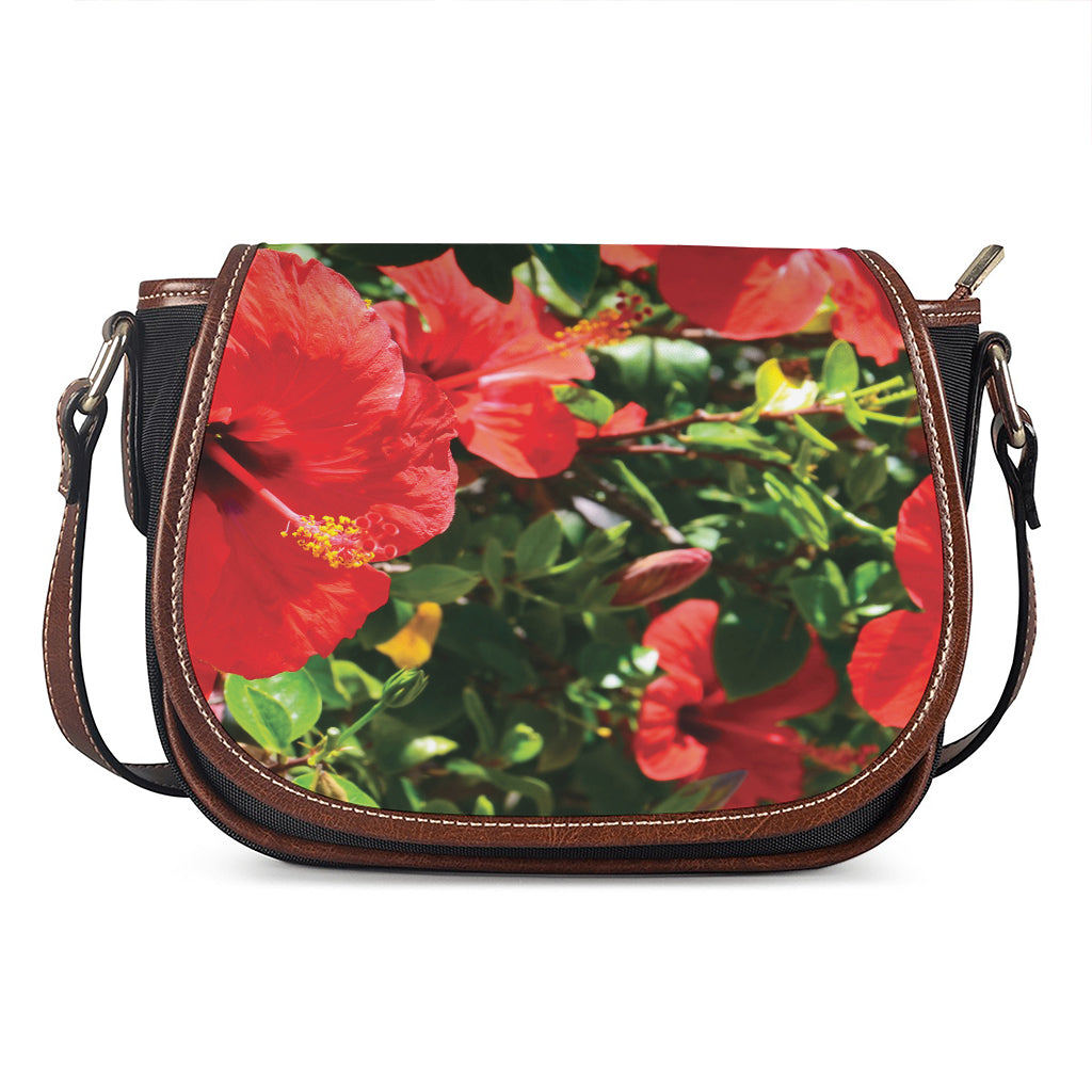 Red Hibiscus Flowers Print Saddle Bag