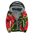 Red Hibiscus Flowers Print Sherpa Lined Zip Up Hoodie
