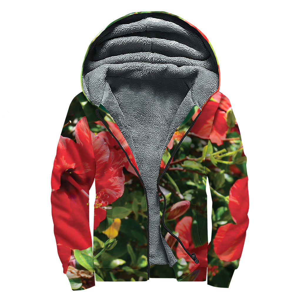 Red Hibiscus Flowers Print Sherpa Lined Zip Up Hoodie