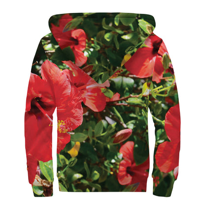 Red Hibiscus Flowers Print Sherpa Lined Zip Up Hoodie