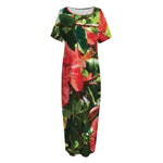 Red Hibiscus Flowers Print Short Sleeve Long Nightdress