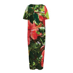 Red Hibiscus Flowers Print Short Sleeve Long Nightdress