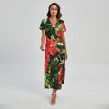 Red Hibiscus Flowers Print Short Sleeve Maxi Dress