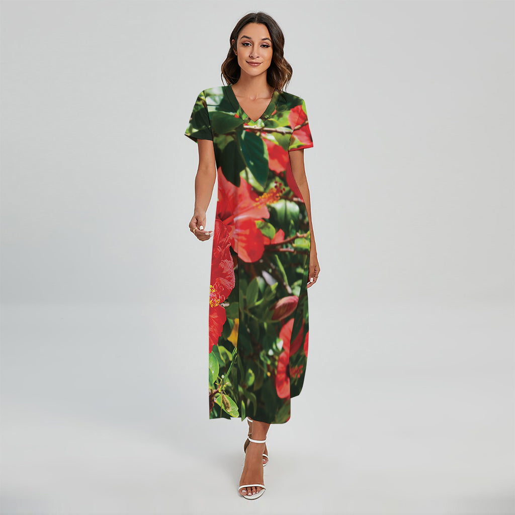Red Hibiscus Flowers Print Short Sleeve Maxi Dress