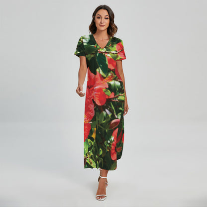 Red Hibiscus Flowers Print Short Sleeve Maxi Dress