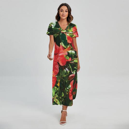 Red Hibiscus Flowers Print Short Sleeve Maxi Dress