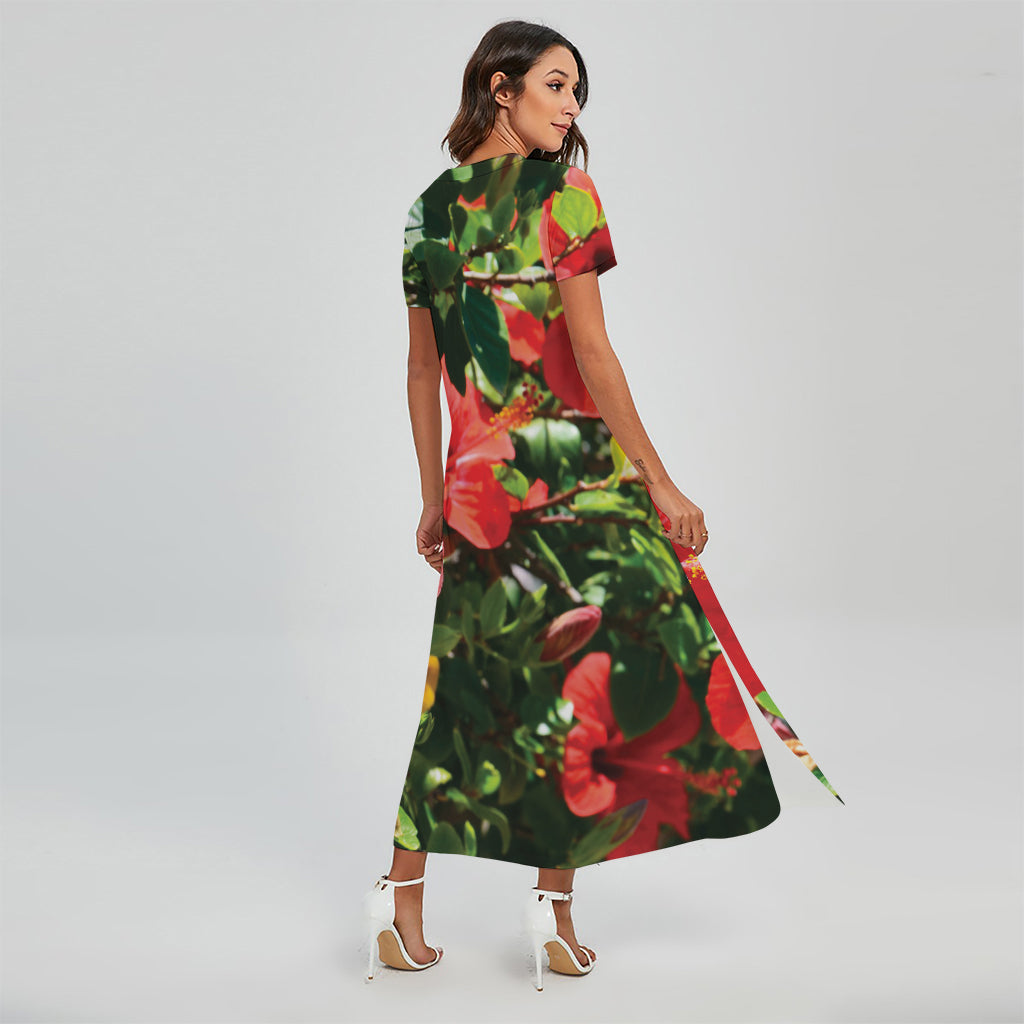 Red Hibiscus Flowers Print Short Sleeve Maxi Dress