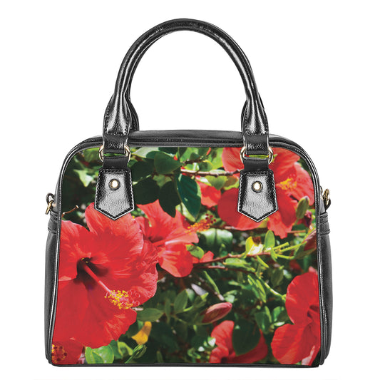 Red Hibiscus Flowers Print Shoulder Handbag