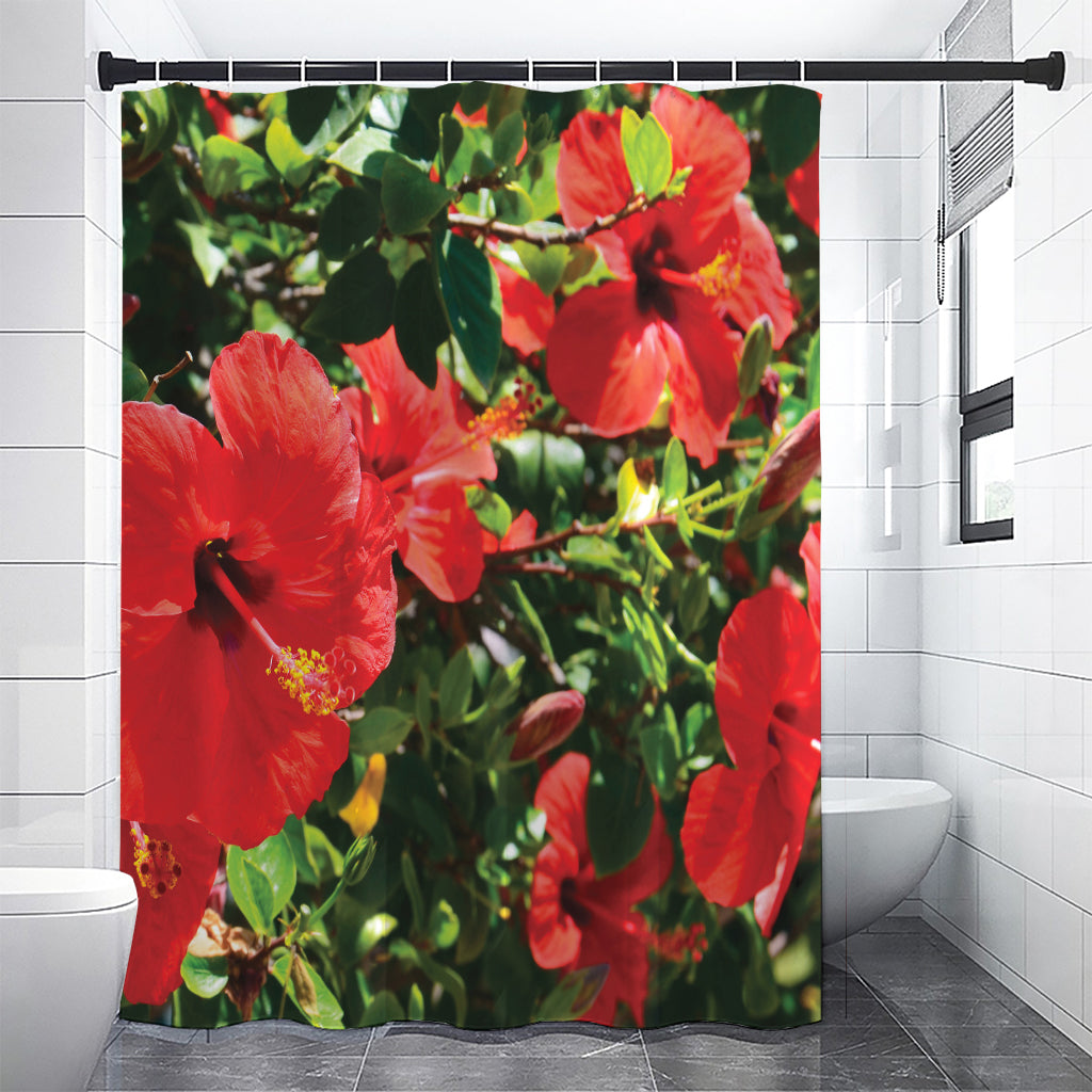 Red Hibiscus Flowers Print Shower Curtain