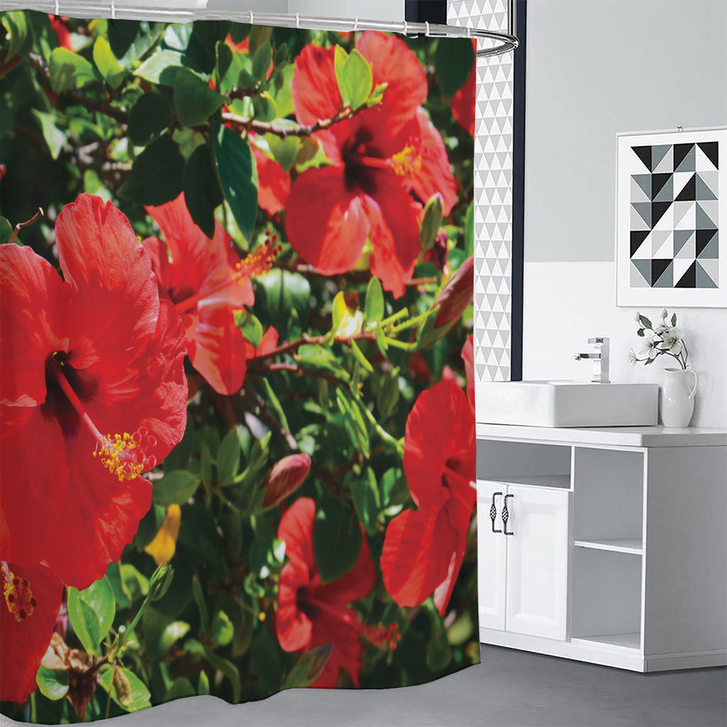 Red Hibiscus Flowers Print Shower Curtain