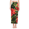 Red Hibiscus Flowers Print Side Slit Maxi Skirt
