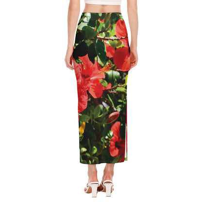 Red Hibiscus Flowers Print Side Slit Maxi Skirt