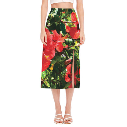Red Hibiscus Flowers Print Side Slit Midi Skirt