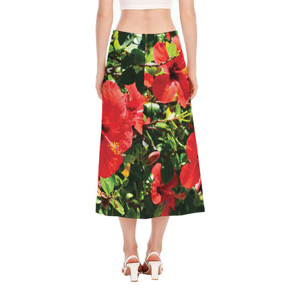 Red Hibiscus Flowers Print Side Slit Midi Skirt