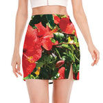 Red Hibiscus Flowers Print Side Slit Mini Skirt