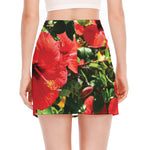 Red Hibiscus Flowers Print Side Slit Mini Skirt